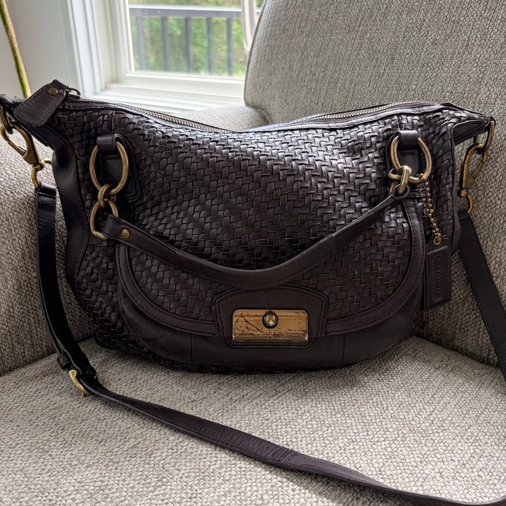 Coach Kristin Bag Large Boho Brown Woven Leather Satchel Crossbody 19312